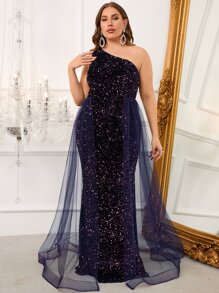 Faeriesty Vestido de fiesta de talla grande para mujer con malla y lentejuelas de color contrastante - Morado - Ver 1