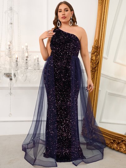 Faeriesty Plus Size Women's Contrast Color Mesh & Sequin Prom Dress