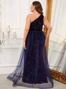 Faeriesty Vestido de fiesta de talla grande para mujer con malla y lentejuelas de color contrastante - Morado - Ver 2