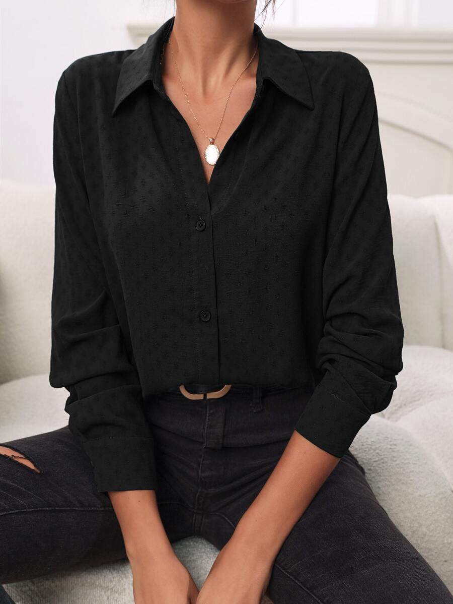 SHEIN Frenchy Solid Button Front Shirt Winter Black Black Casual - Black - View 1