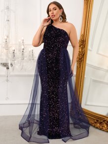 Faeriesty Vestido de fiesta de talla grande para mujer con malla y lentejuelas de color contrastante - Morado - Ver 6