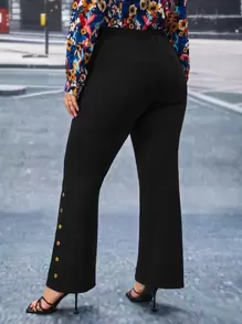 SHEIN Frenchy Plus Button Detail Flare Leg Pants - Black - View 5