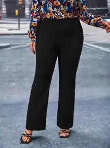 SHEIN Frenchy Plus Button Detail Flare Leg Pants - Black - View 6