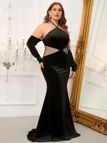 Đầm Plus Size Lộ Lưng Tương phản Mesh Cắt ra Buộc lại màu trơn Buổi tiệc - màu đen - Xem 6