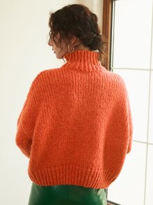 Knit Mix High Neck Drop Shoulder Jumper - Orange - View 2