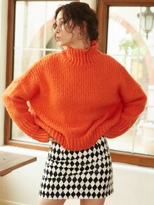 Knit Mix High Neck Drop Shoulder Jumper - Orange - View 3