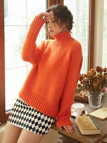 Knit Mix High Neck Drop Shoulder Jumper - Orange - View 5