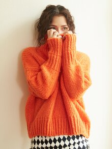 Knit Mix High Neck Drop Shoulder Jumper - Orange - View 6