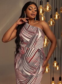 Plus Striped Sequin Formal Dress - Burgundy - View 4