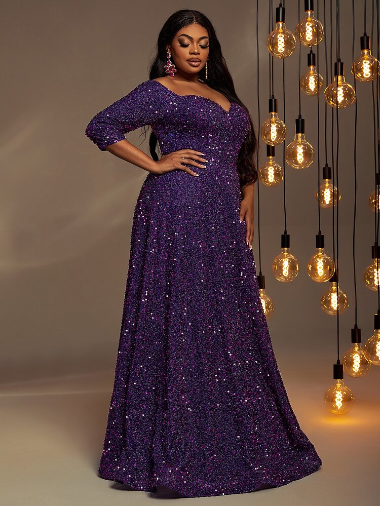 Plus Off Shoulder Sequin Formal Dress - Purple - View 5