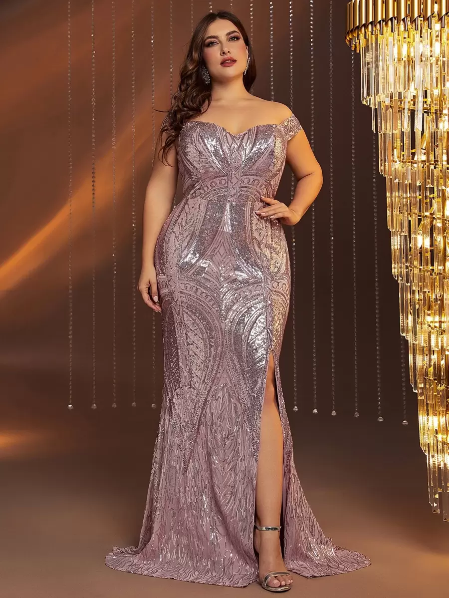 Vestido de fiesta de hombros descubiertos de muslo con abertura con lentejuelas - Rosa Pálido - Ver 1