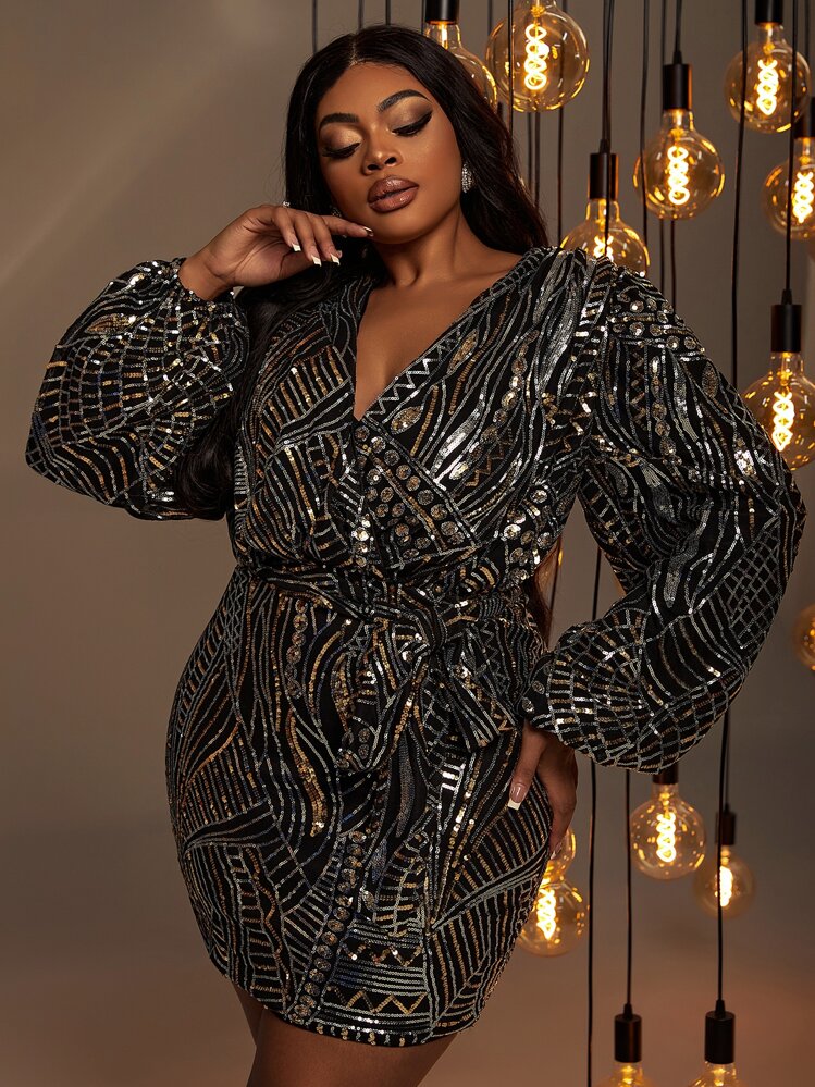 sequin bodycon plus size dress Surplice Neck Lantern Sleeve Belted elevated European fashion or turning heads as Bradbury a high neck Color:Graphite