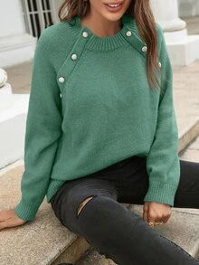 SHEIN Frenchy Button Detail Raglan Sleeve Jumper - Green - View 4