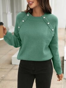 SHEIN Frenchy Button Detail Raglan Sleeve Jumper - Green - View 6