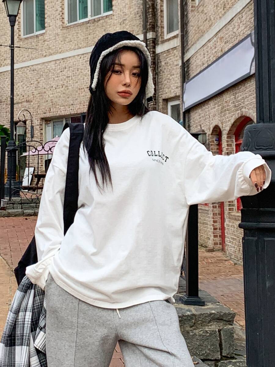 DAZY Đồ họa Chữ cái Thả vai Áo phông Quá khổ - trắng - Xem 1