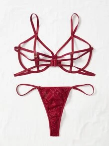 Plus Cut-out Pom Pom Decor Underwire Lingerie Set - Burgundy - View 2