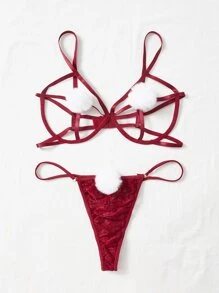 Plus Cut-out Pom Pom Decor Underwire Lingerie Set - Burgundy - View 3