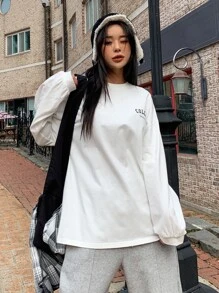 DAZY Đồ họa Chữ cái Thả vai Áo phông Quá khổ - trắng - Xem 4