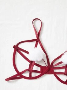 Plus Cut-out Pom Pom Decor Underwire Lingerie Set - Burgundy - View 4