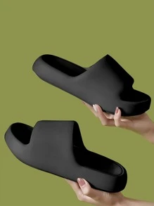 Minimalist Single Band Slides, Plastic Sole Stylish Solid Color Women's Slippers In Black - Black - View 3