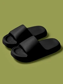 Minimalist Single Band Slides, Plastic Sole Stylish Solid Color Women's Slippers In Black - Black - View 4
