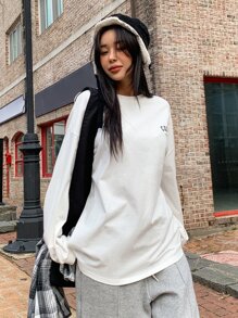 DAZY Đồ họa Chữ cái Thả vai Áo phông Quá khổ - trắng - Xem 5