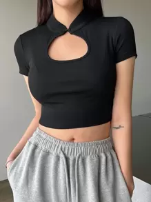 DAZY Mandarin Collar Cut Out Crop Tee - Black - View 1