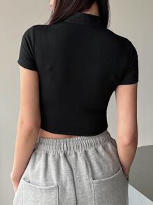 DAZY Mandarin Collar Cut Out Crop Tee - Black - View 2