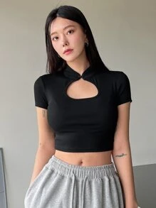 DAZY Mandarin Collar Cut Out Crop Tee - Black - View 3