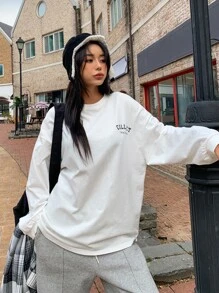 DAZY Đồ họa Chữ cái Thả vai Áo phông Quá khổ - trắng - Xem 7