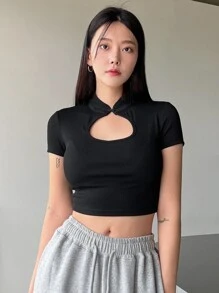 DAZY Mandarin Collar Cut Out Crop Tee - Black - View 4