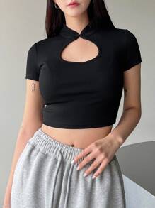 DAZY Mandarin Collar Cut Out Crop Tee - Black - View 6