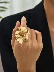 花朵裝飾戒指 - 金黃色 - 查看 1