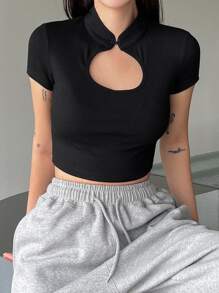 DAZY Mandarin Collar Cut Out Crop Tee - Black - View 7