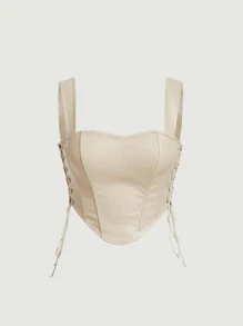 SHEIN MOD 側邊綁帶PU皮革吊帶上衣 - 米色 - 查看 1