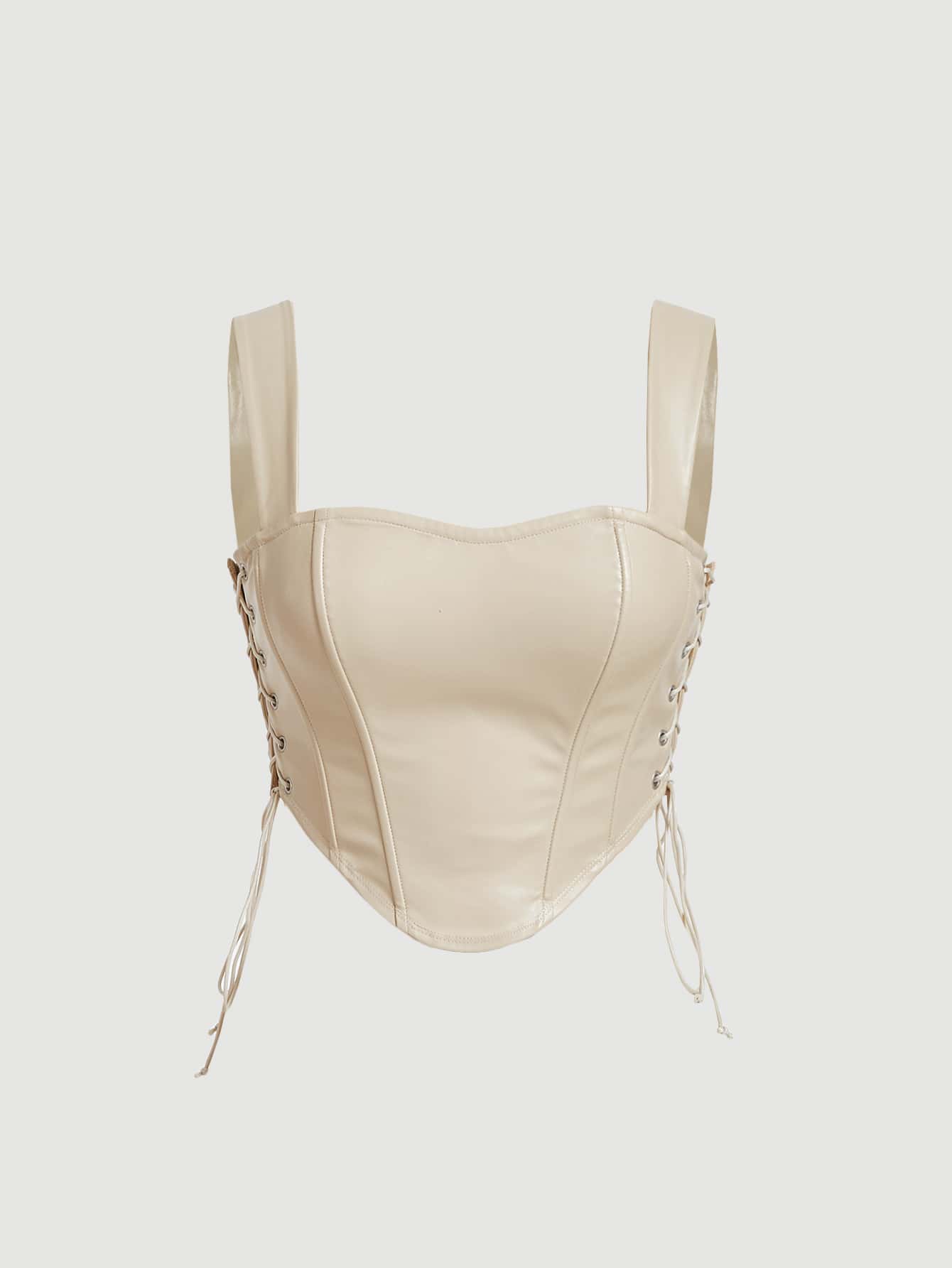 SHEIN MOD 側邊綁帶PU皮革吊帶上衣 - 米色 - 查看 1