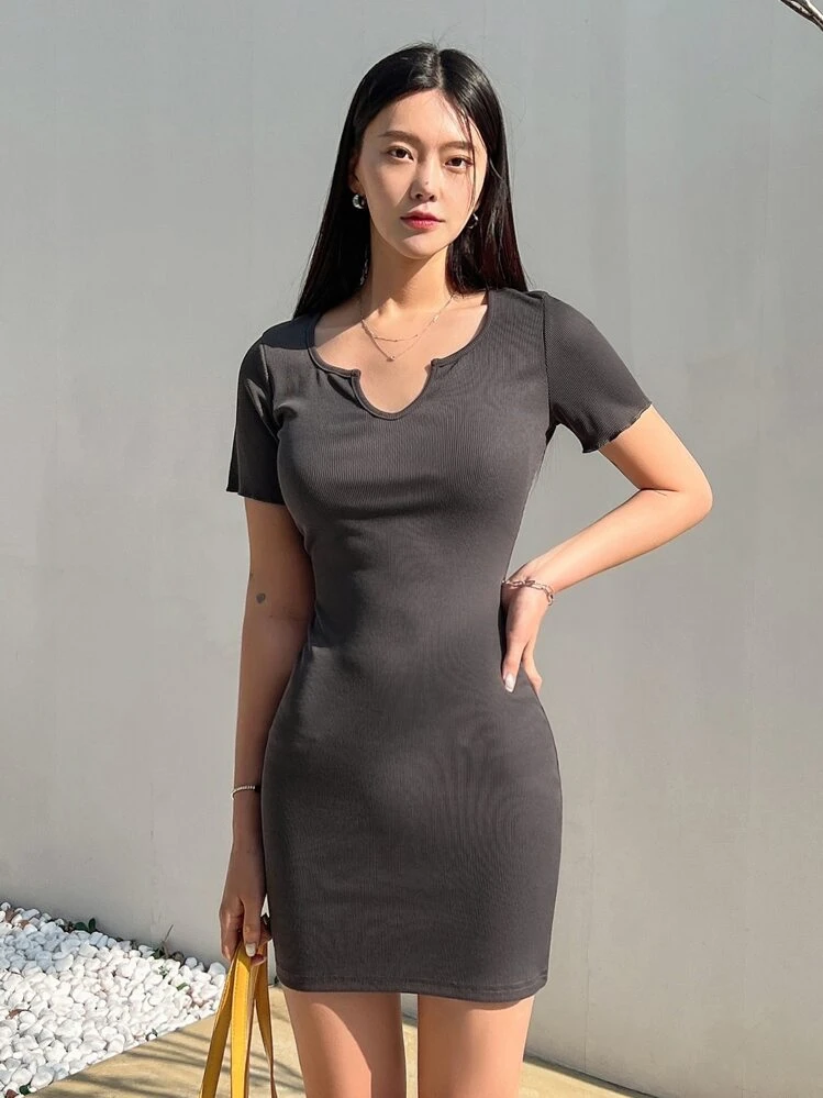 DAZY Đầm Gân đan màu trơn Giải trí - Màu xám đen - Xem 4