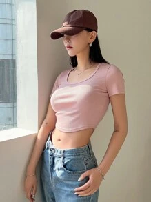 DAZY 純色u領短款t恤 - 淺粉色 - 查看 3