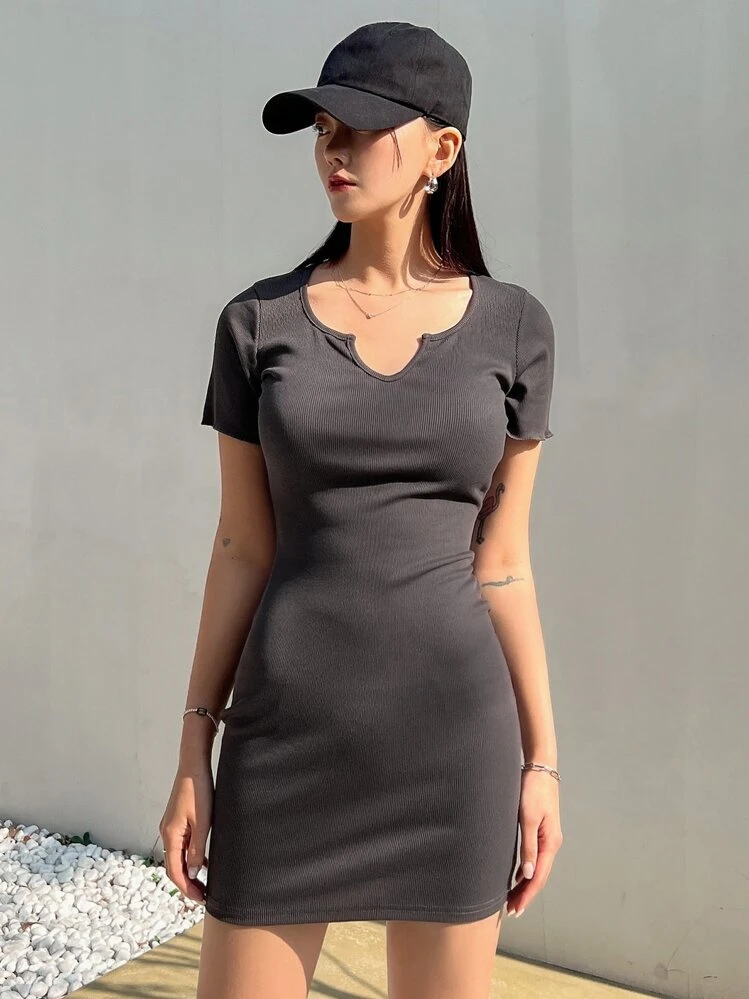 DAZY Đầm Gân đan màu trơn Giải trí - Màu xám đen - Xem 6