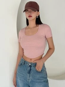 DAZY 純色u領短款t恤 - 淺粉色 - 查看 4
