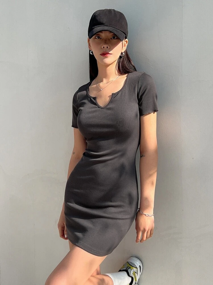 DAZY Đầm Gân đan màu trơn Giải trí - Màu xám đen - Xem 7