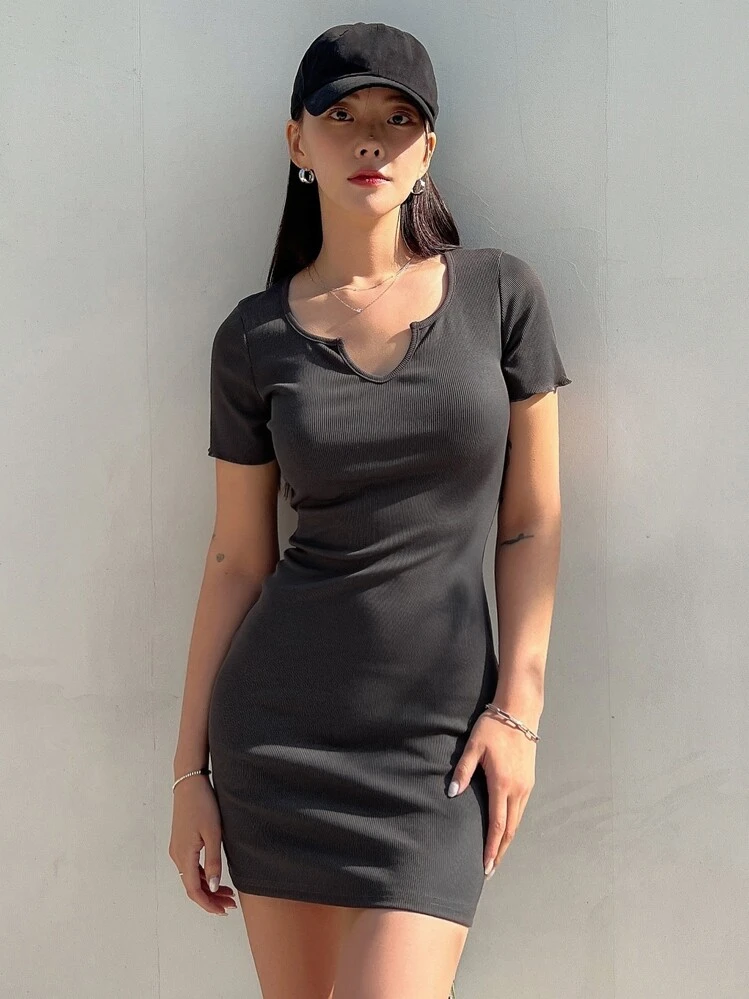 DAZY Đầm Gân đan màu trơn Giải trí - Màu xám đen - Xem 8