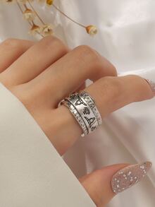 Cattle & Geometric Detail Cuff Ring - Antique Silver - View 2