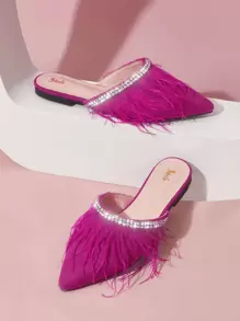 Rhinestone Decor Contrast Fluffy Faux Suede Flat Mules - Hot Pink - View 1