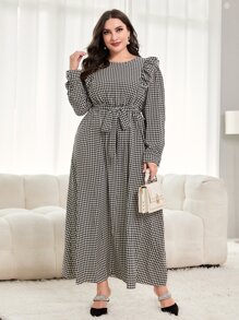 Mulvari Vestido con cinturón con estampado de pata de gallo ribete con fruncido - Blanco y Negro - Ver 1