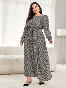 Mulvari Vestido con cinturón con estampado de pata de gallo ribete con fruncido - Blanco y Negro - Ver 6