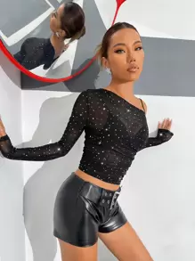 SHEIN ICON Sequins Detail Asymmetrical Neck Mesh Black Top Without Bra - Black - View 5