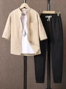 Boys Patched Pocket Shirt & Trousers Without Tee - Multicolor - View 1