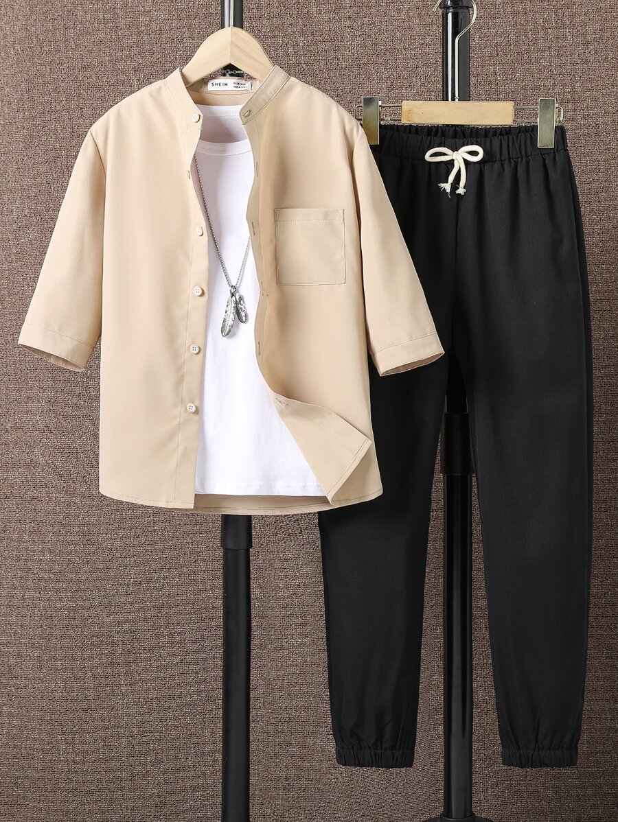 Boys Patched Pocket Shirt & Trousers Without Tee - Multicolor - View 1