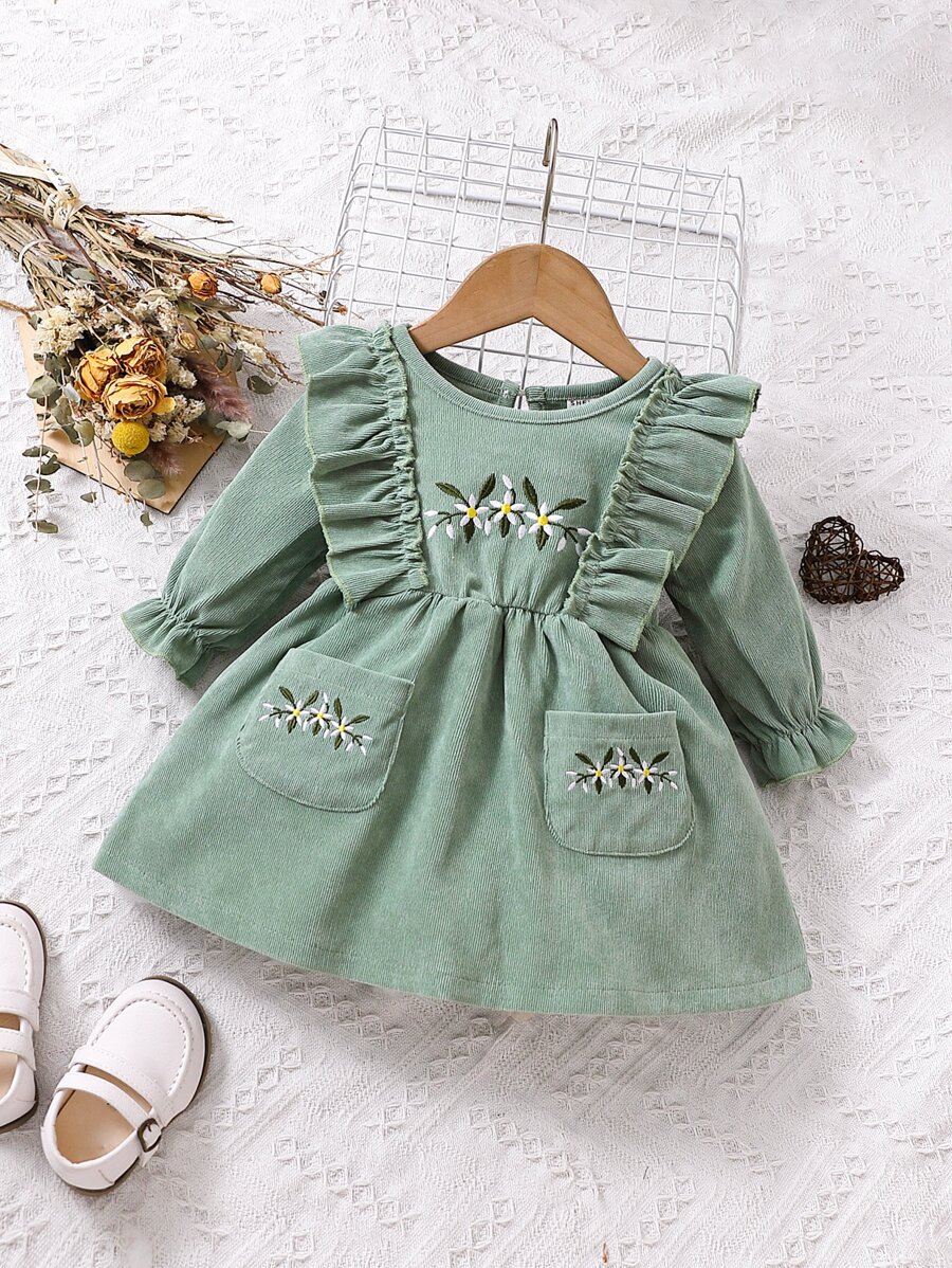 Baby Floral Embroidery Ruffle Trim Flounce Sleeve Pocket Patched Dress - Green - View 1